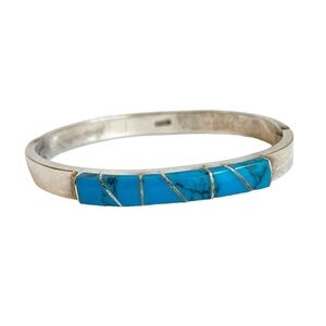 Vintage Turquoise Bangle Bracelet Mexico Silver Hinged Coastal Cowgirl Southwest